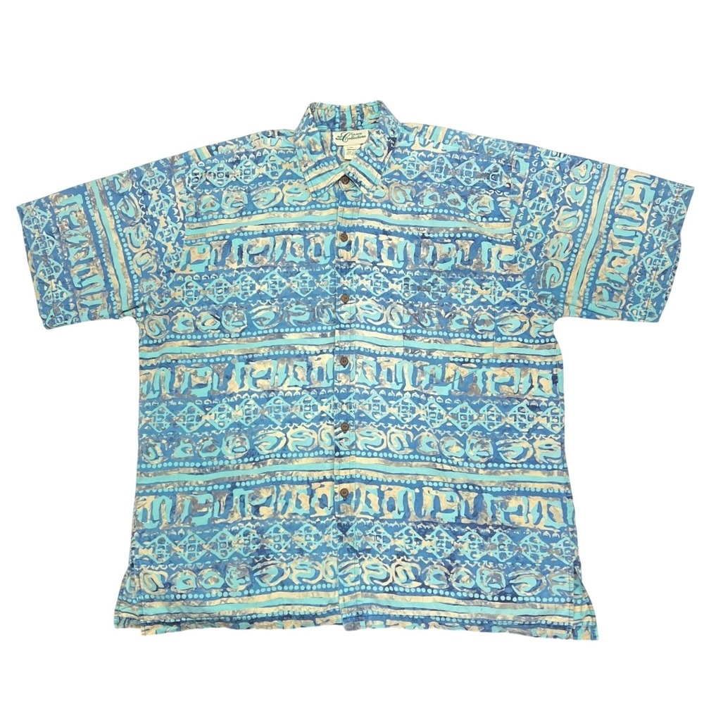 Vintage Hilo Hattie Hawaiian Shirt Batik‎ Print Green Blue XL EUC